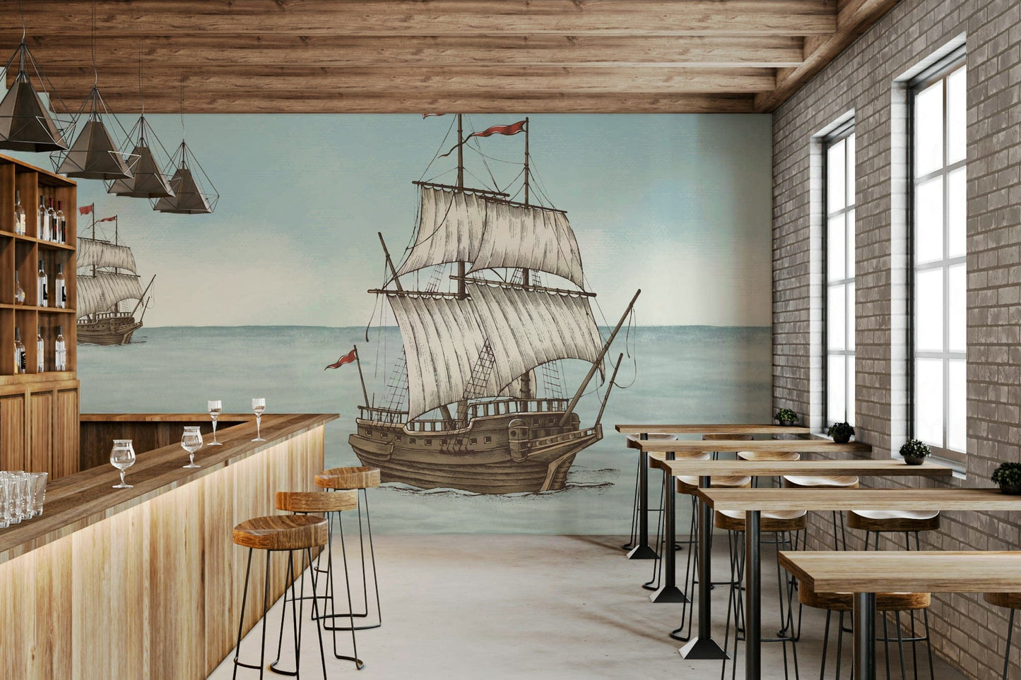 A peaceful wall mural with a natural, nautical design.

