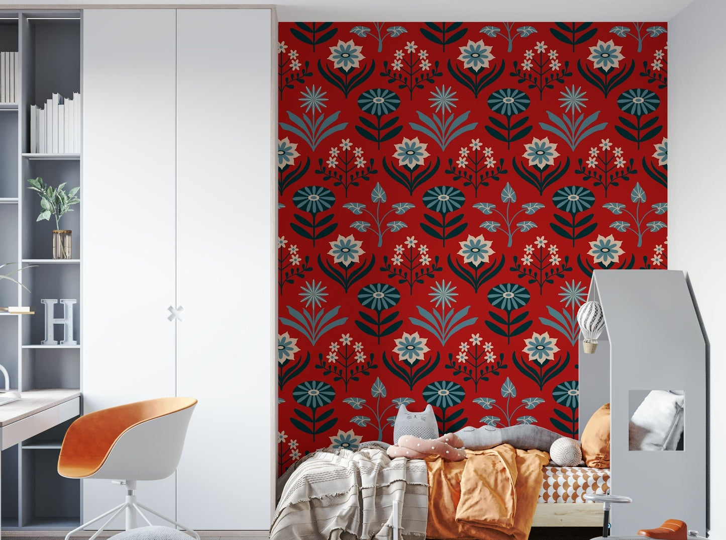 Tami Mid Century Modern Scandi Retro Floral Blue Navy Indigo White Dark Red Wallpaper.

