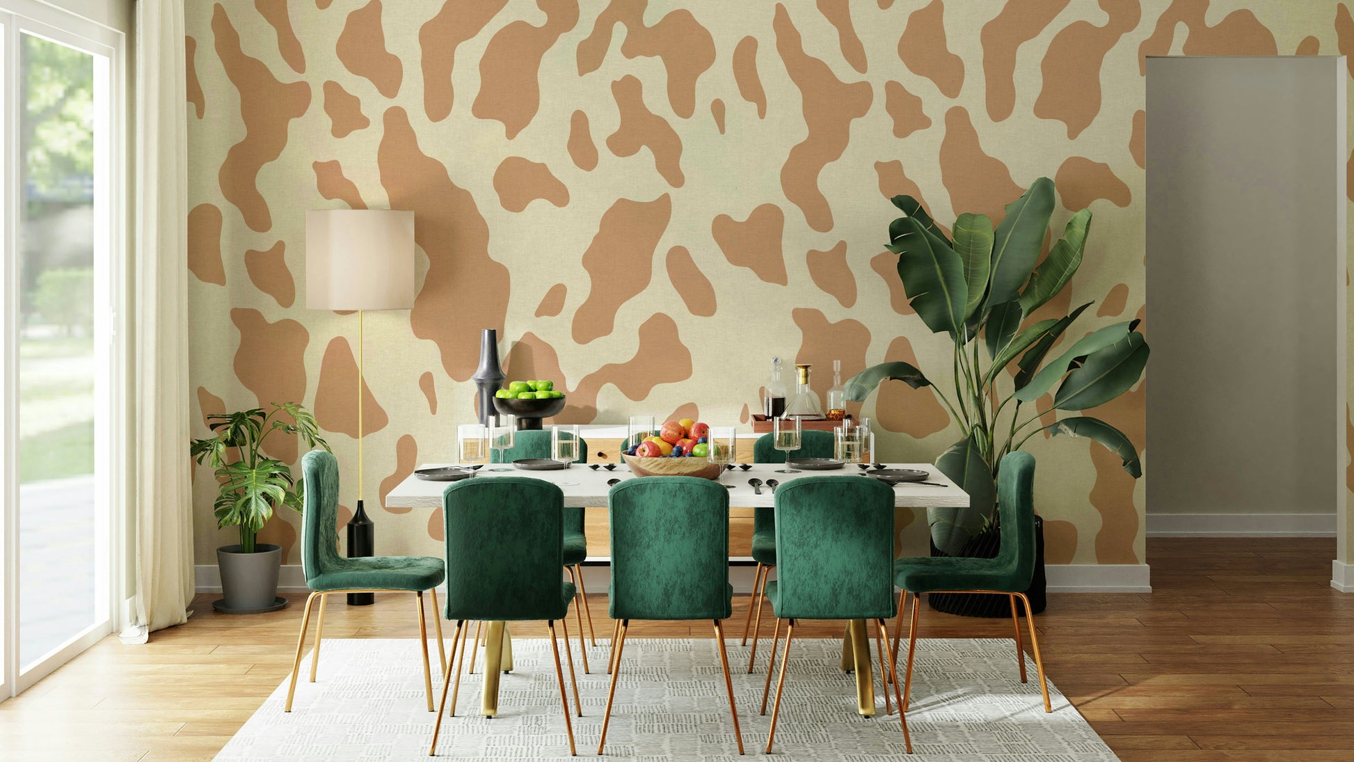 The design features a stylized pattern resembling cow spots.

