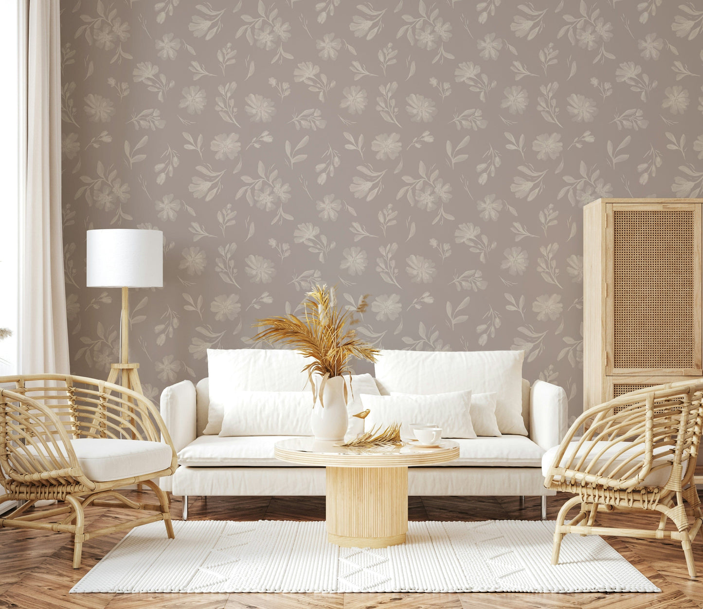 Soft Taupe Flora organic leaf wallpaper for walls