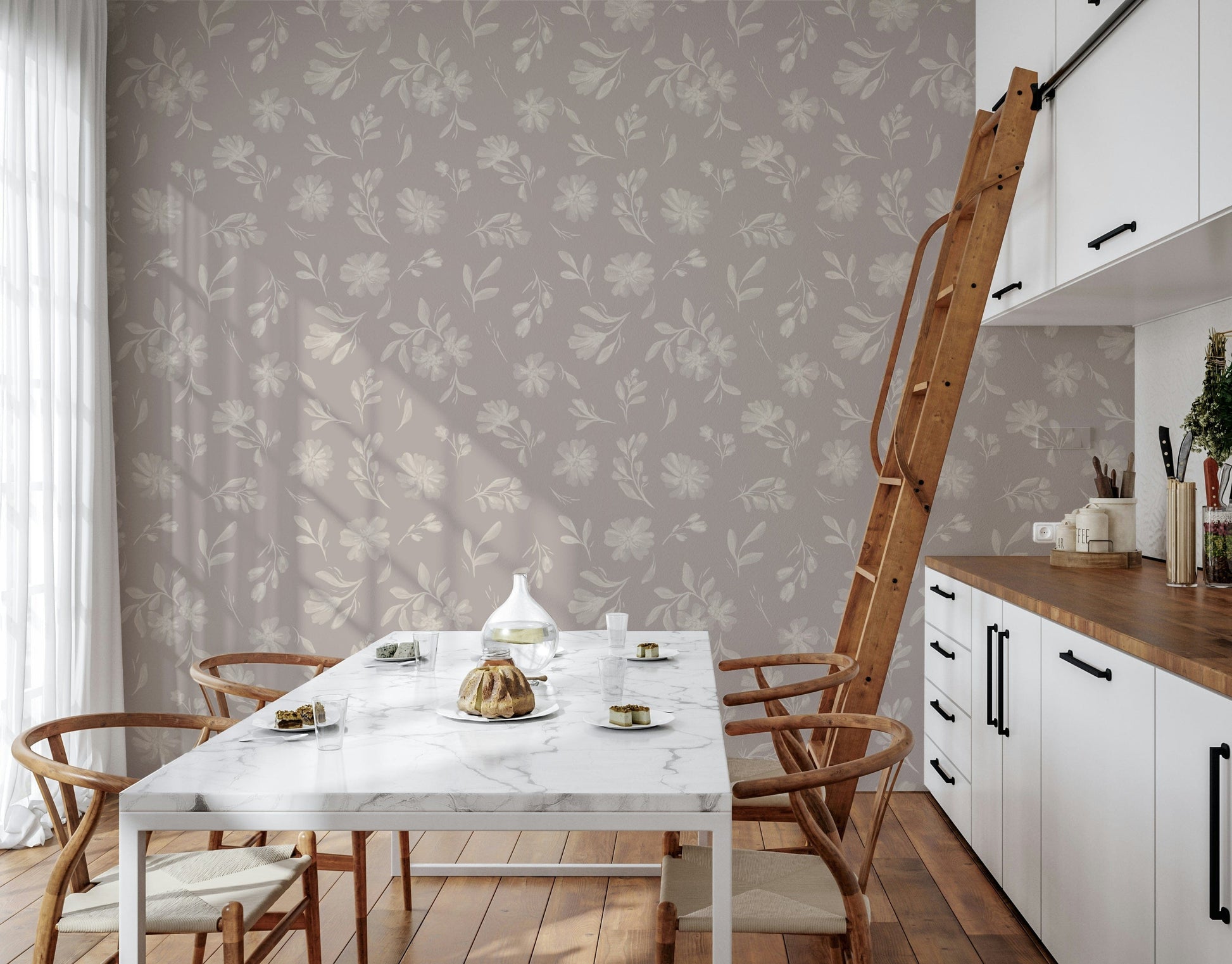 Soft Taupe Flora muted blossom wallpaper for walls
