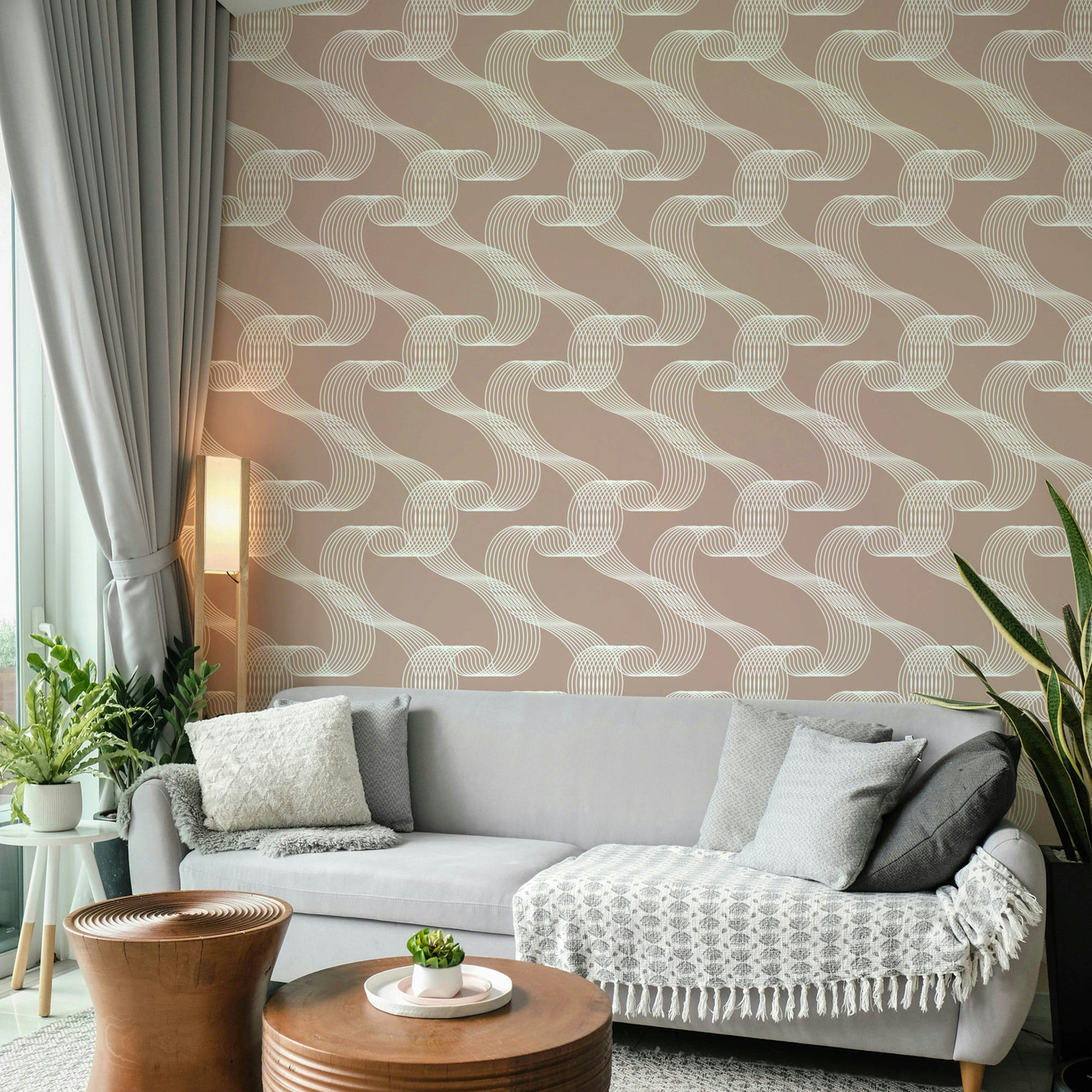 Elegant ivory flowing wave lines on taupe backdrop wallpaper.
