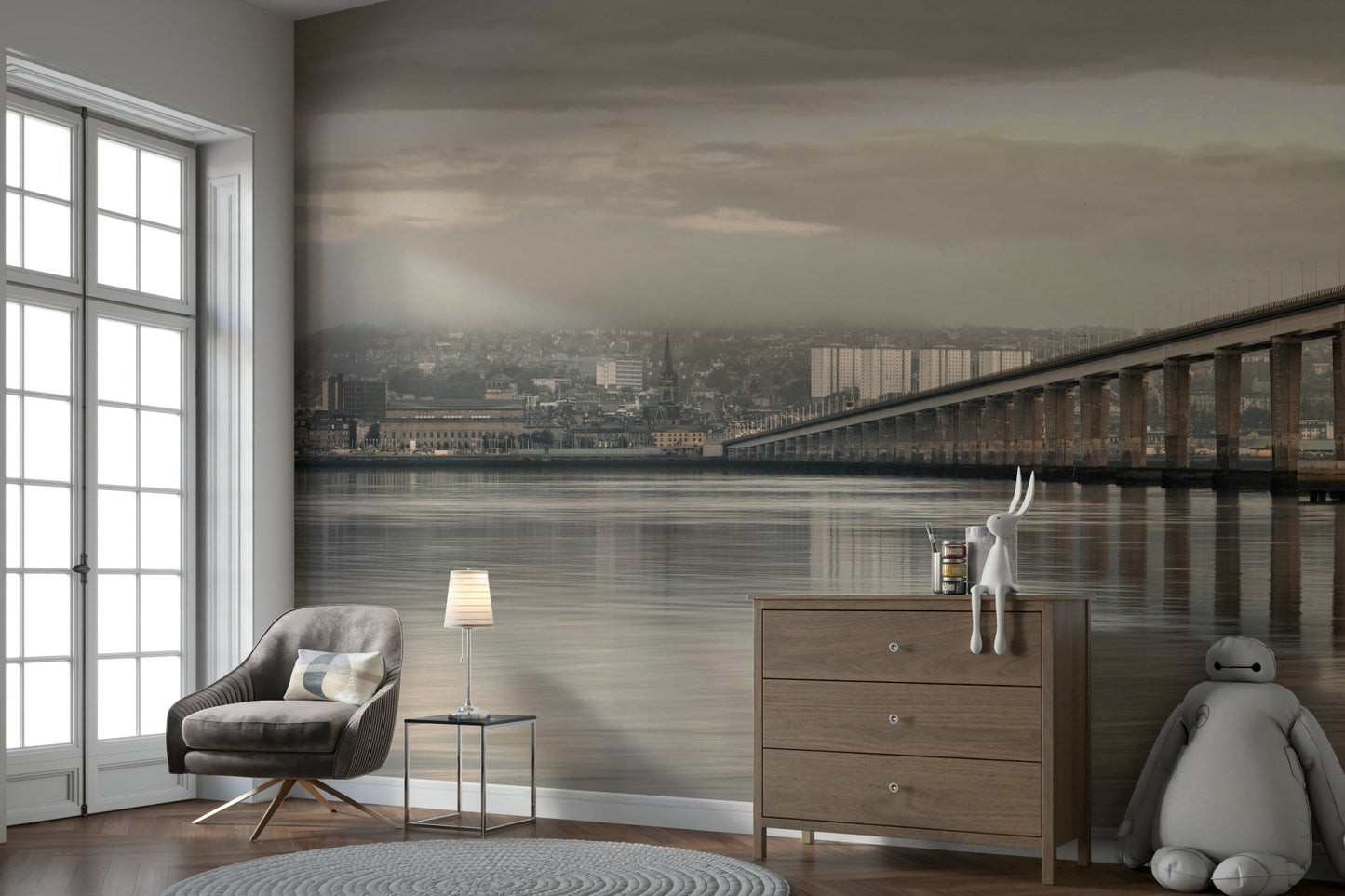 Tay Road Bridge wall mural with misty water view

