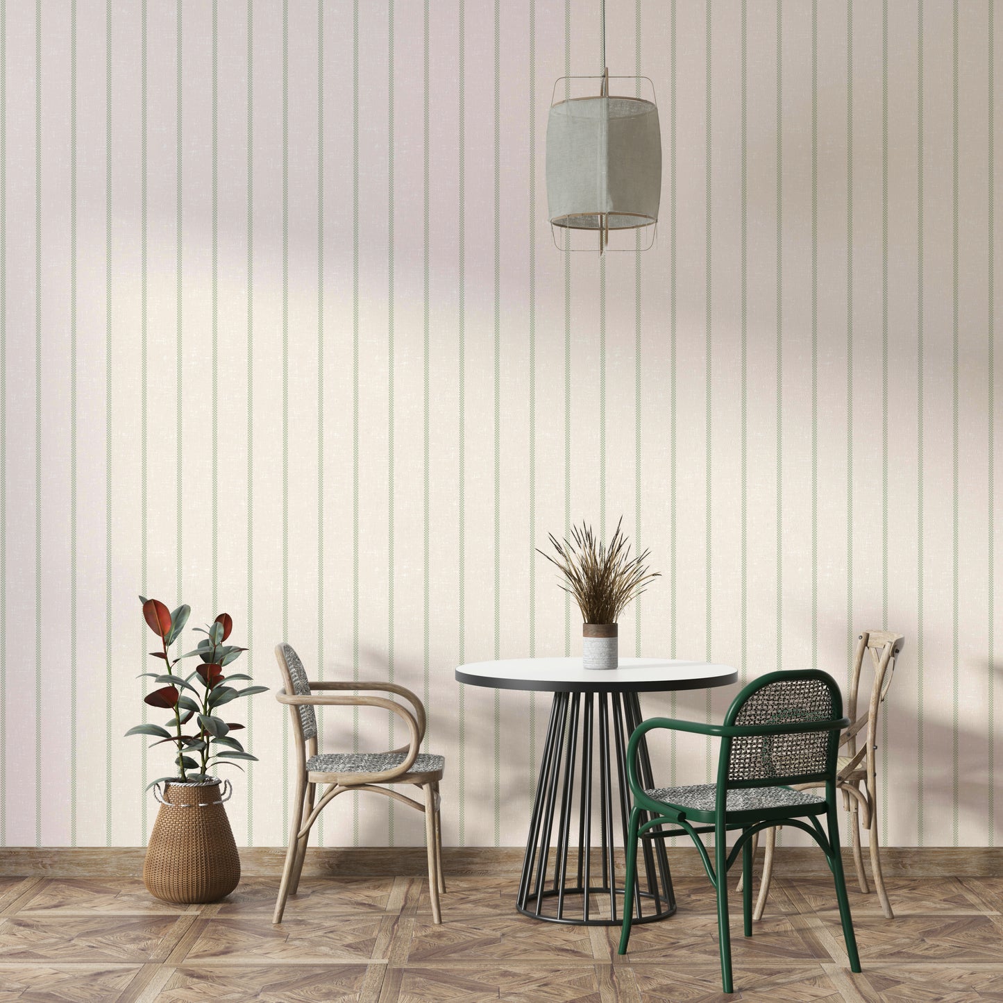 Farmhouse-style wallpaper with green stripes

