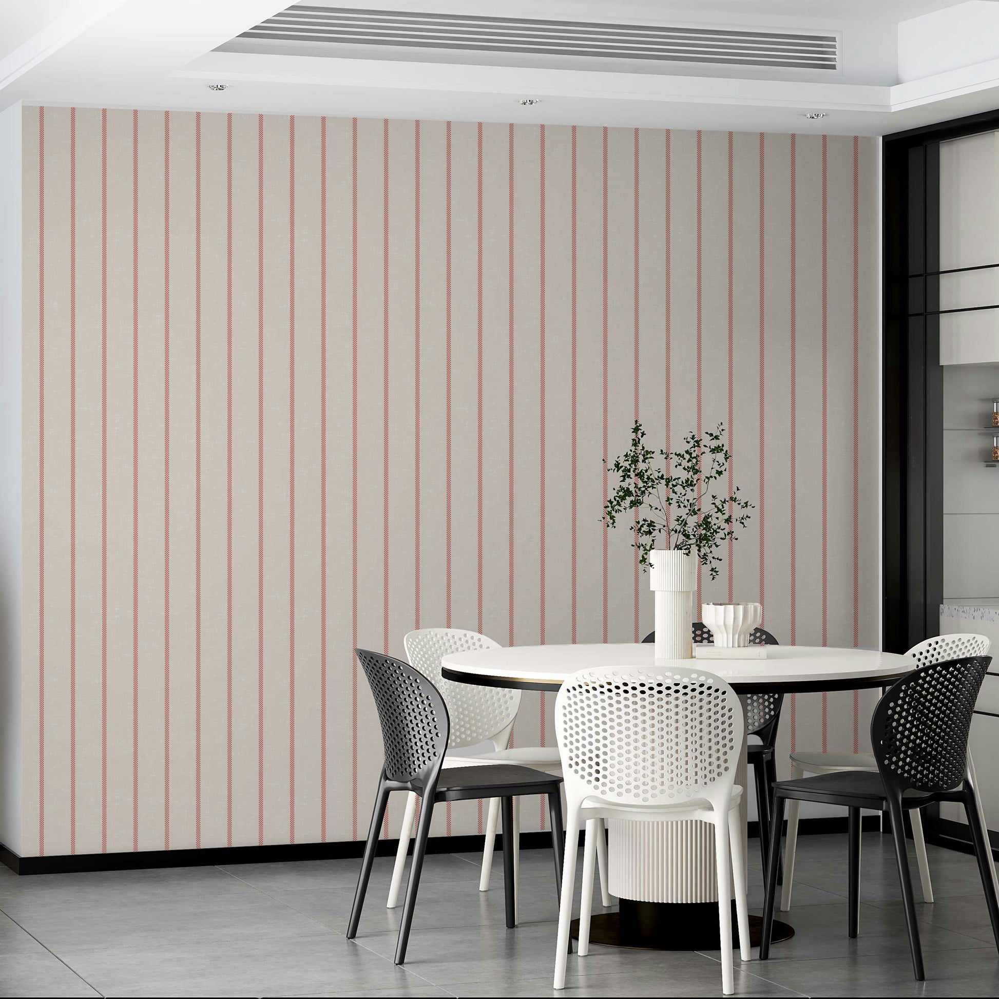 Tea towel-inspired red striped wall design

