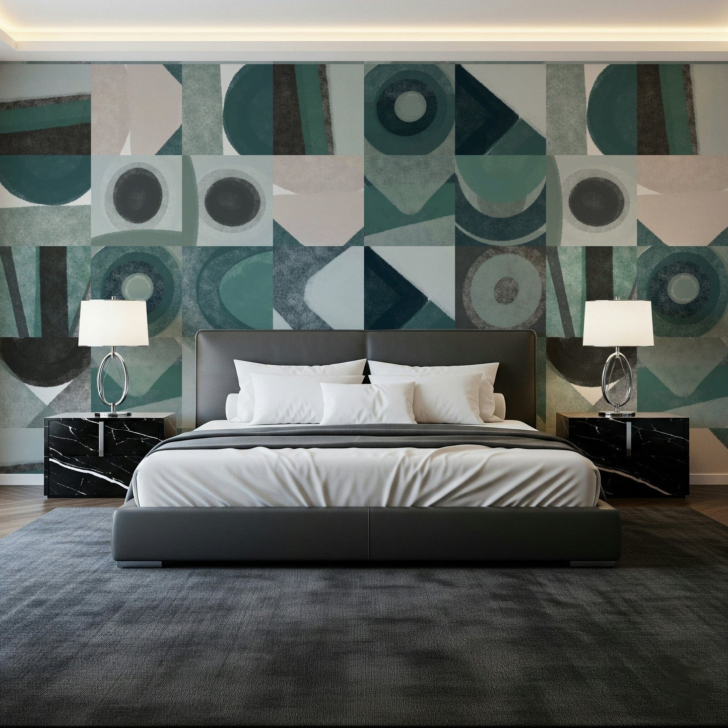 A peaceful geometric design mural on decorative wallpaper.

