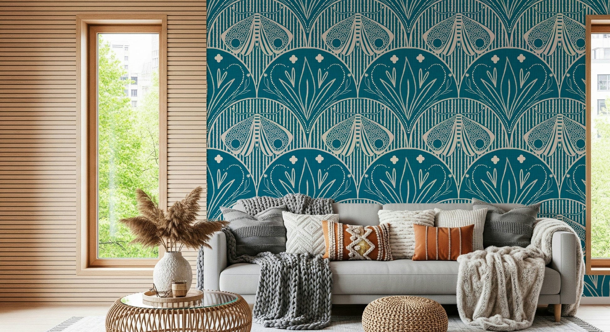 Elegant Scallop Butterfly Floral wallcovering stylized repeating insect pattern.