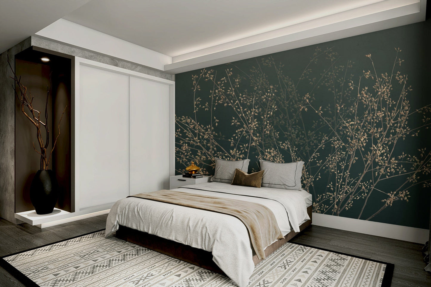 A peaceful wall mural with an ethereal branching design.

