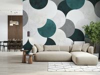Sophisticated wall mural with abstract circular patterns creating a calm, modern ambiance.