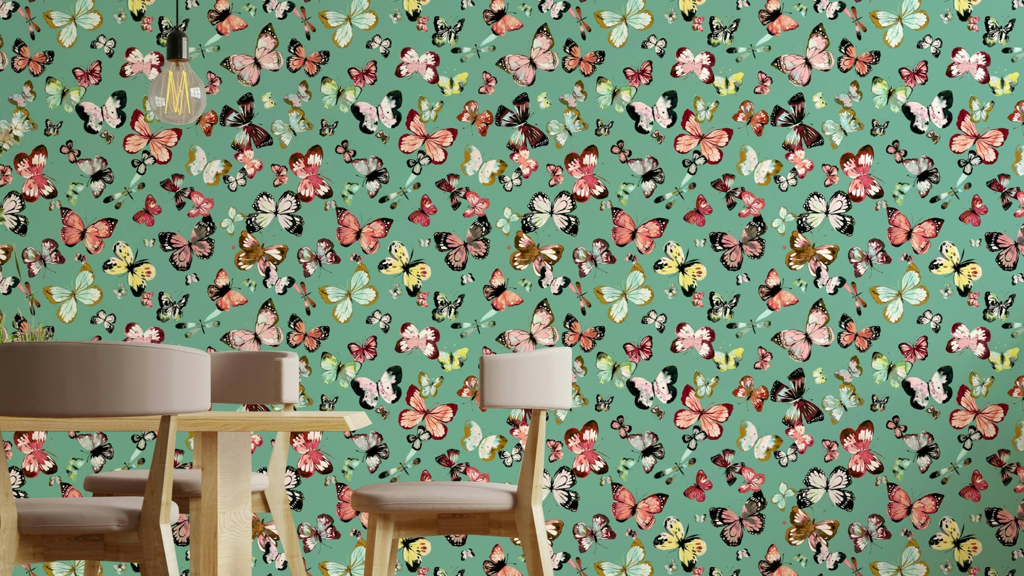 Flying Butterflies Colorful Teal Coral wallpaper behind a wood dining table and chairs with a teal butterfly wall