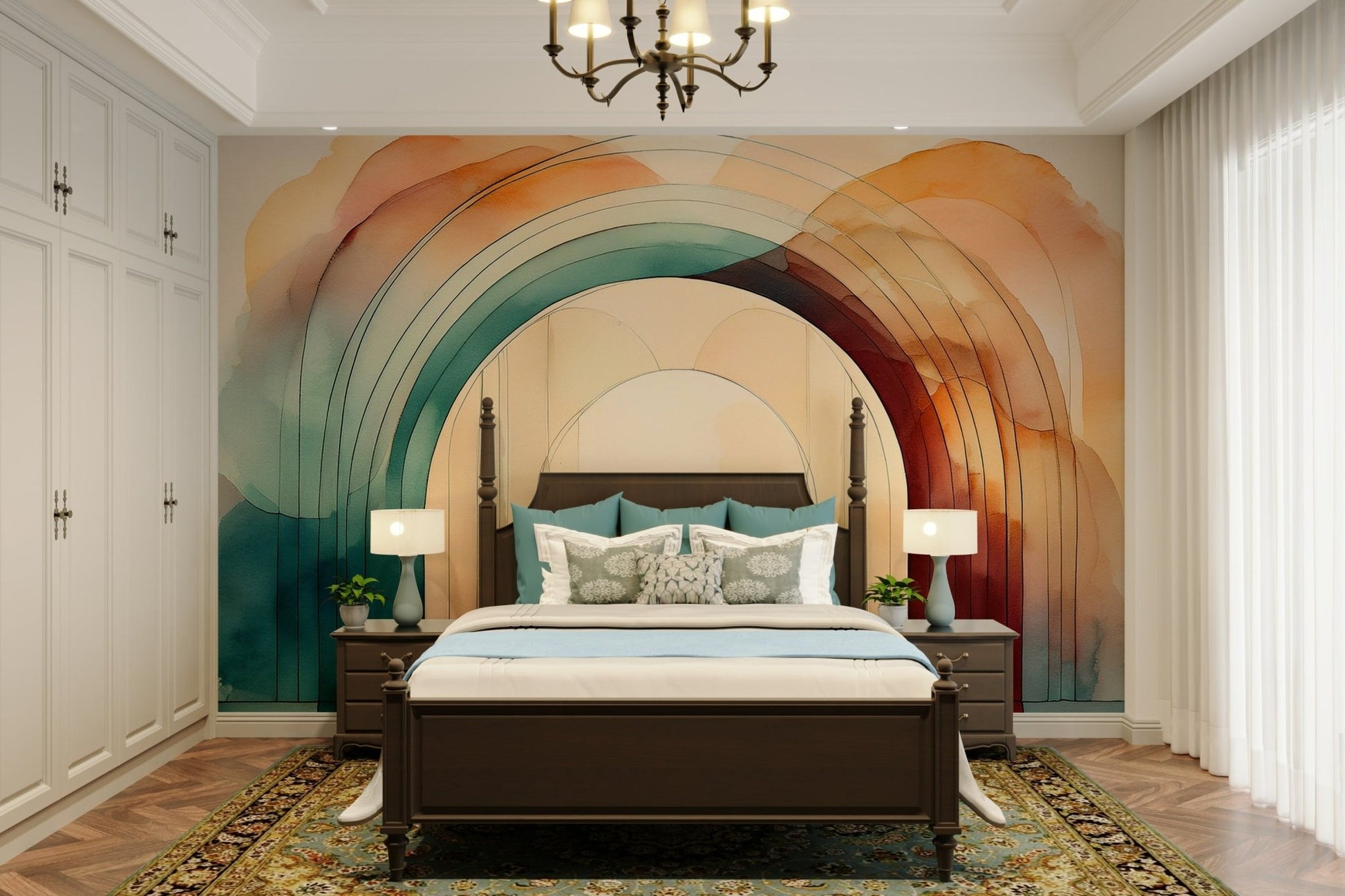 Teal Dream Arches 2 Wall Mural featuring elegant teal arches.


