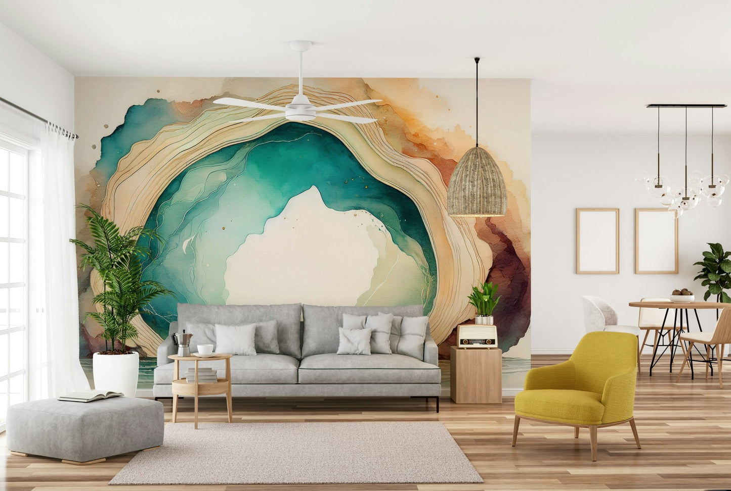 Soft teal hues creating a peaceful cave atmosphere in wall mural.

