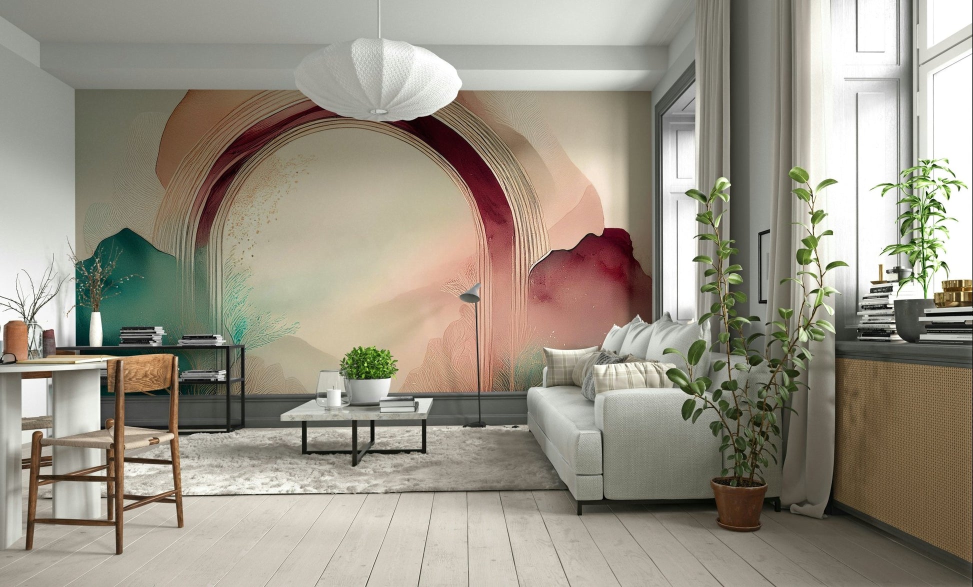 Dreamlike portal framed in soft teal tones in Teal Dream Portal mural.

