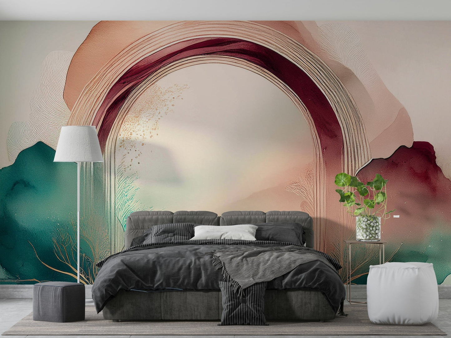 Serene portal and soft teal colors in Teal Dream Portal mural design.

