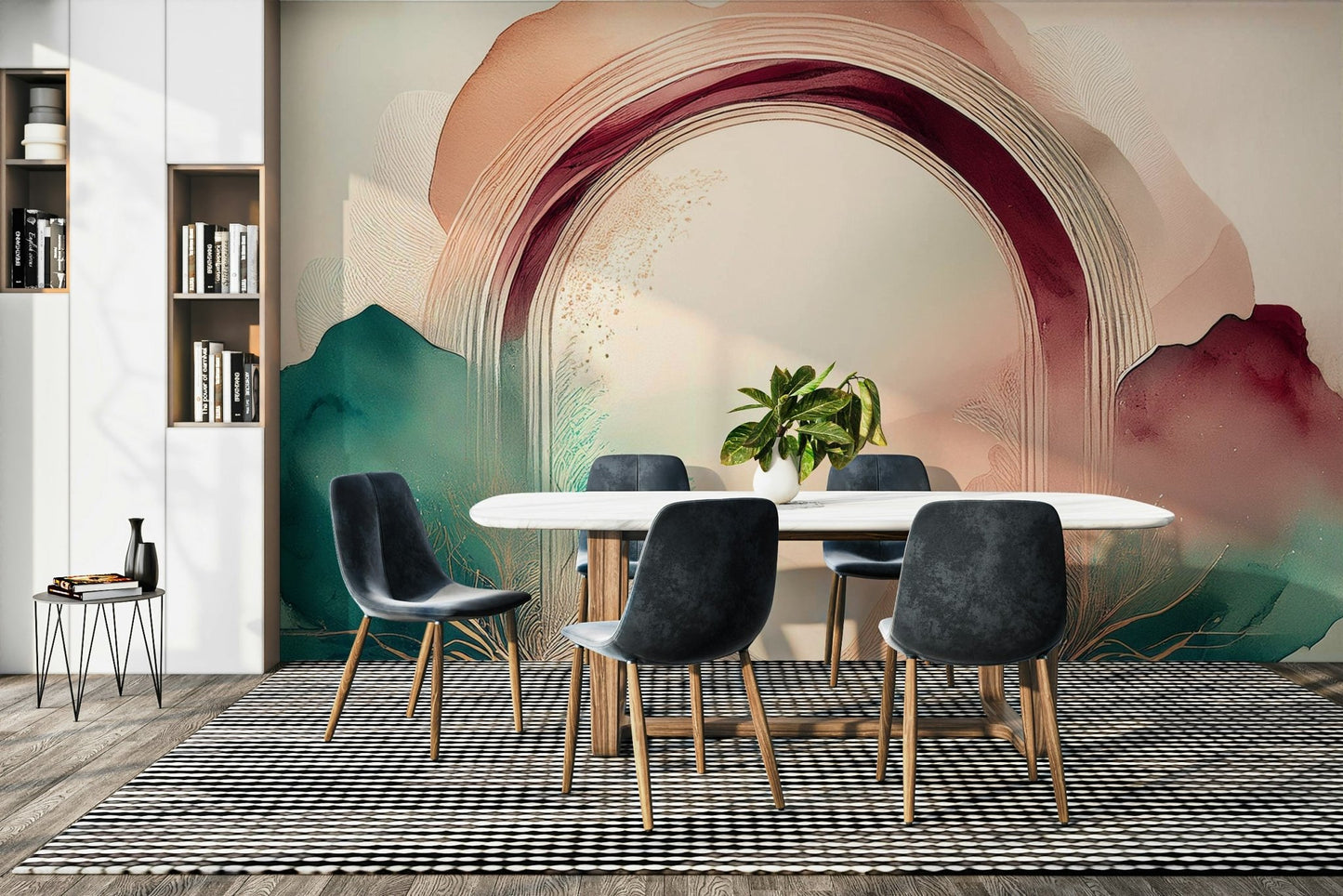 Soft teal portal design in Teal Dream Portal mural creating a tranquil space.

