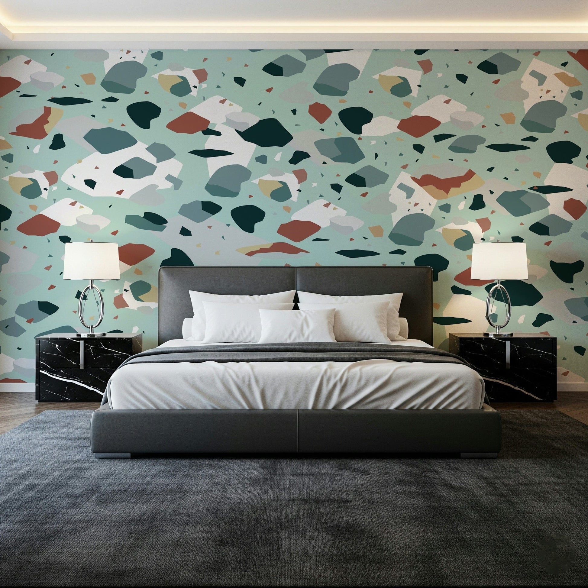 A contemplative geometric design wallpaper mural for a feature wall.