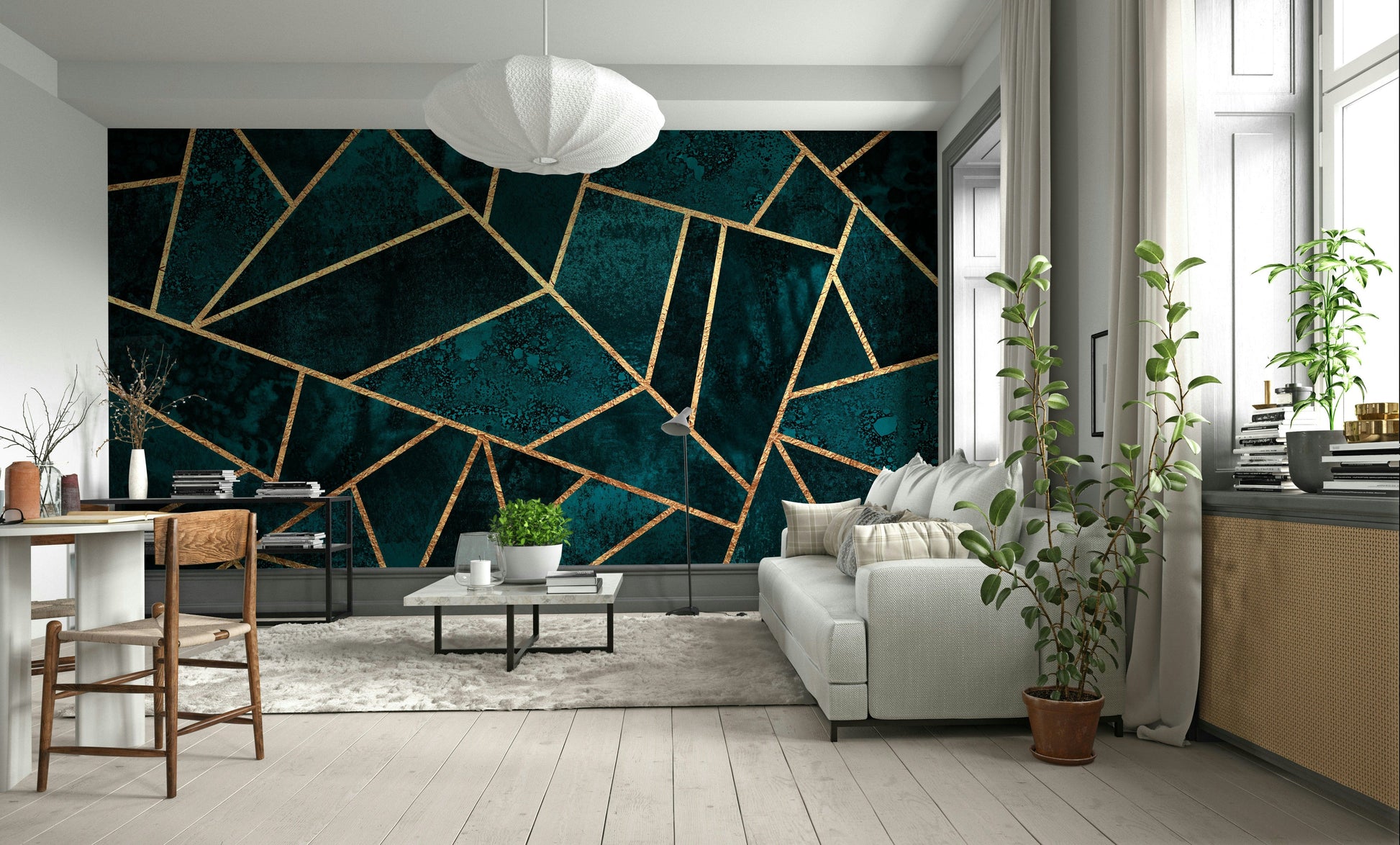 A calming serene geometric wallpaper mural that defines a space.

