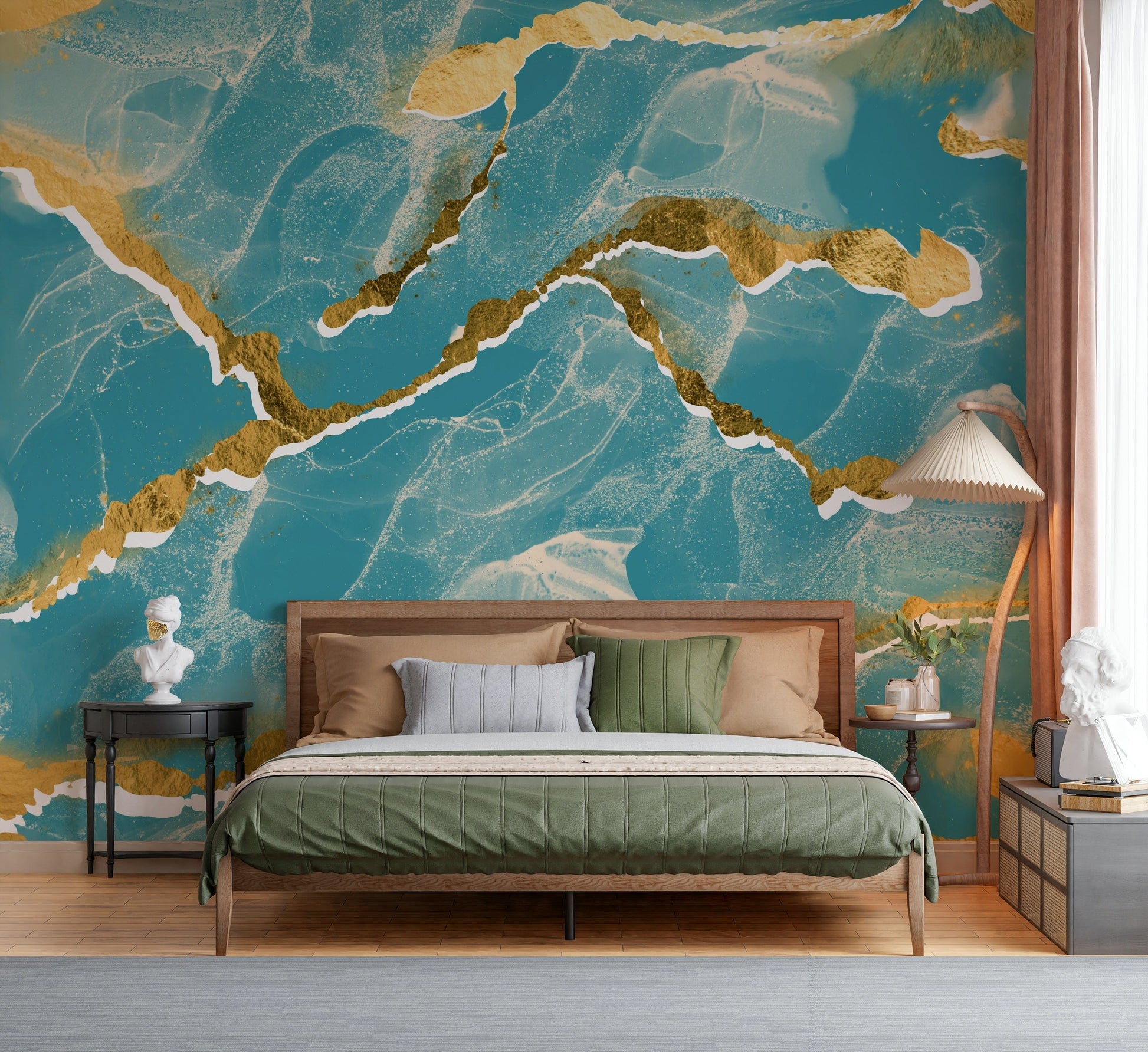 Golden Veins Tropical Teal design shown as a large-scale, modern abstract Marble Wallpaper.