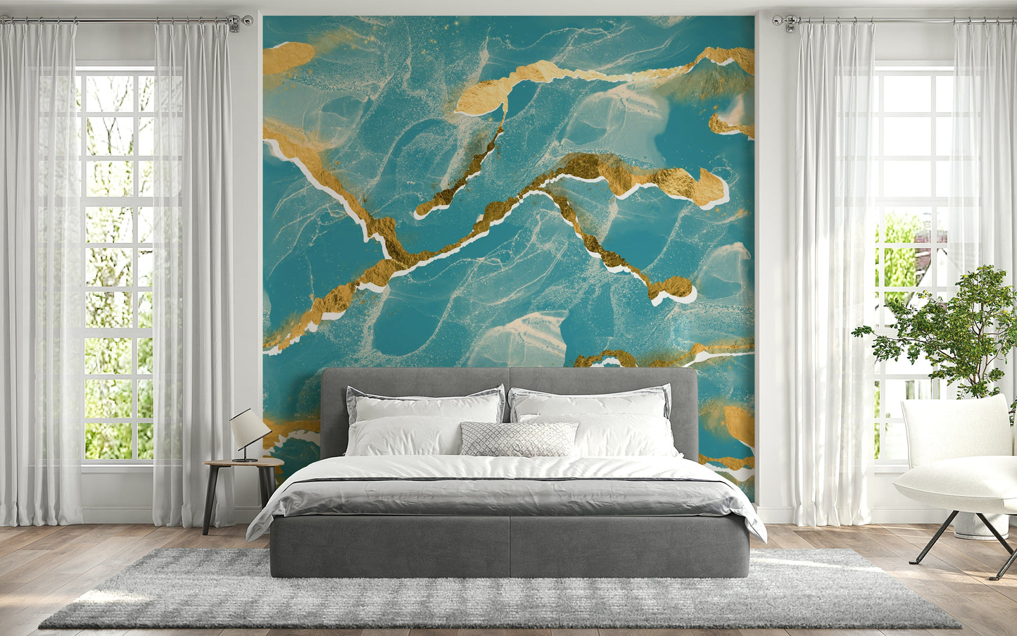 Luxe tropical teal Marble Wallpaper mural featuring an abstract design with striking golden veins.