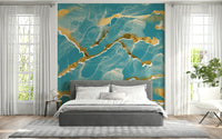 Luxe tropical teal Marble Wallpaper mural featuring an abstract design with striking golden veins.