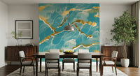 A modern abstract wall mural depicting a stunning tropical teal and gold Marble Wallpaper pattern.
