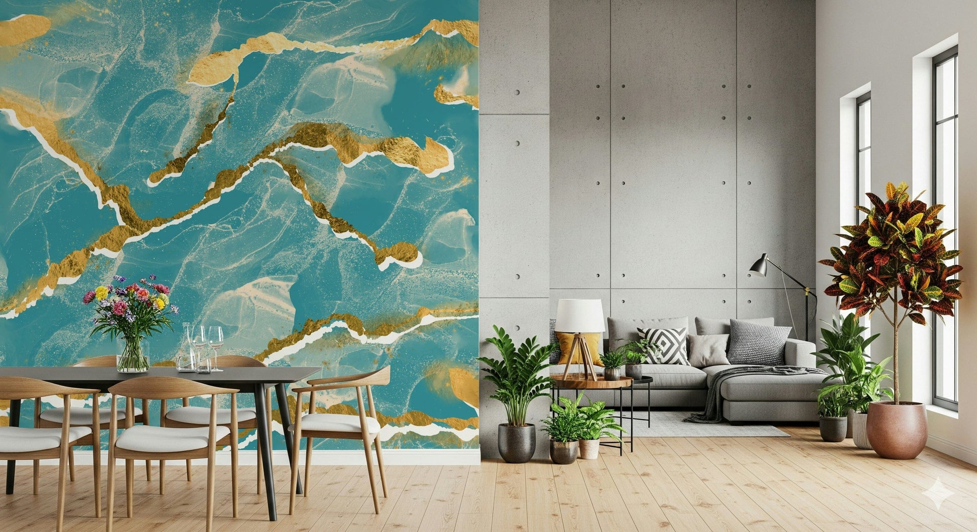 Modern Luxe Abstract Wall Mural with a rich tropical teal and golden vein Marble Wallpaper design.