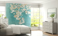 Shabby chic Teal Leaf Whispers whimsical wallpaper mural botanical prints.