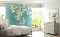 Shabby chic Teal Leaf Whispers whimsical wallpaper mural botanical prints.