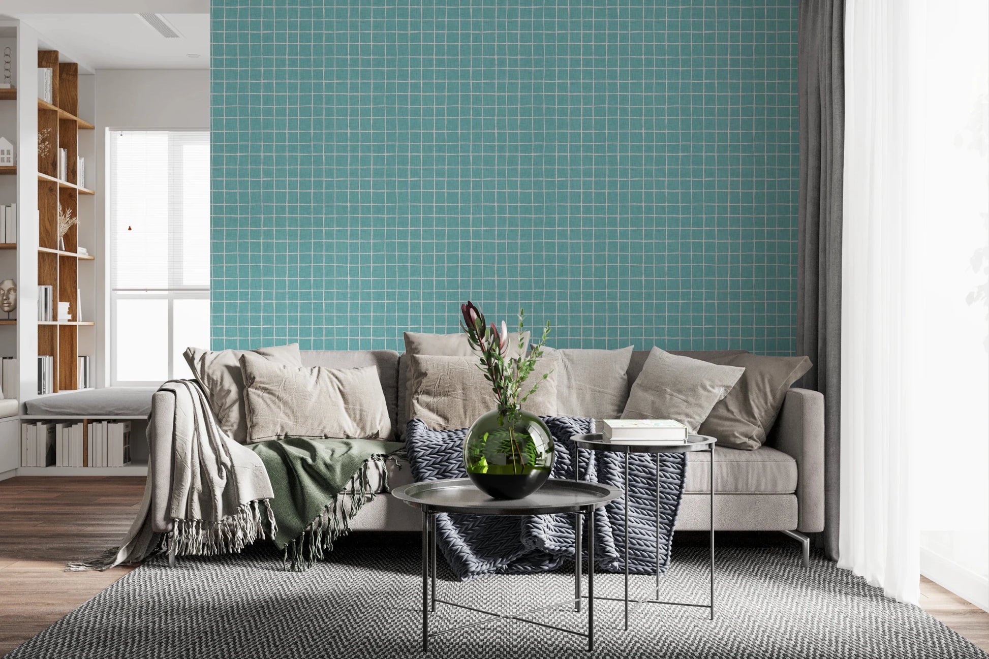 Teal Linen Grid Wallpaper⁠