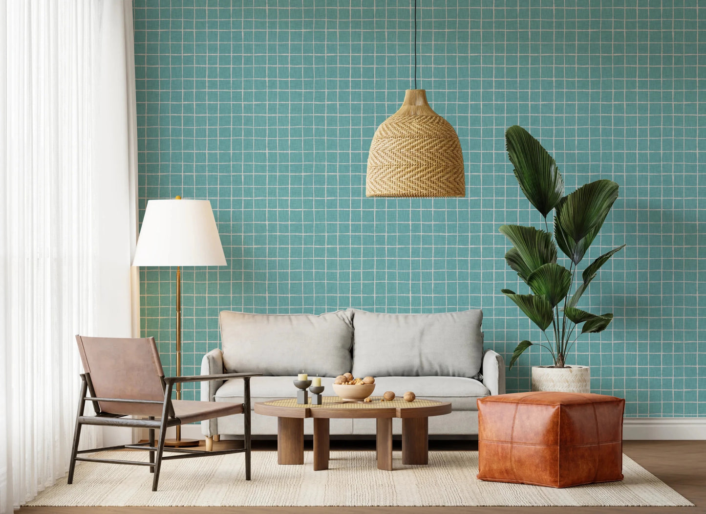 Teal Linen Grid Wallpaper⁠