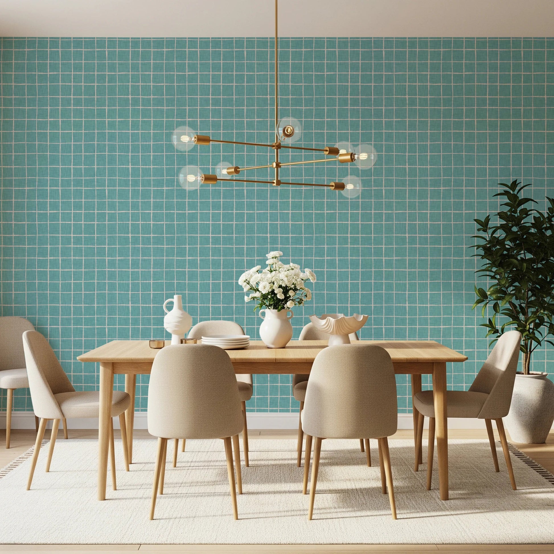 Teal Linen Grid Wallpaper⁠