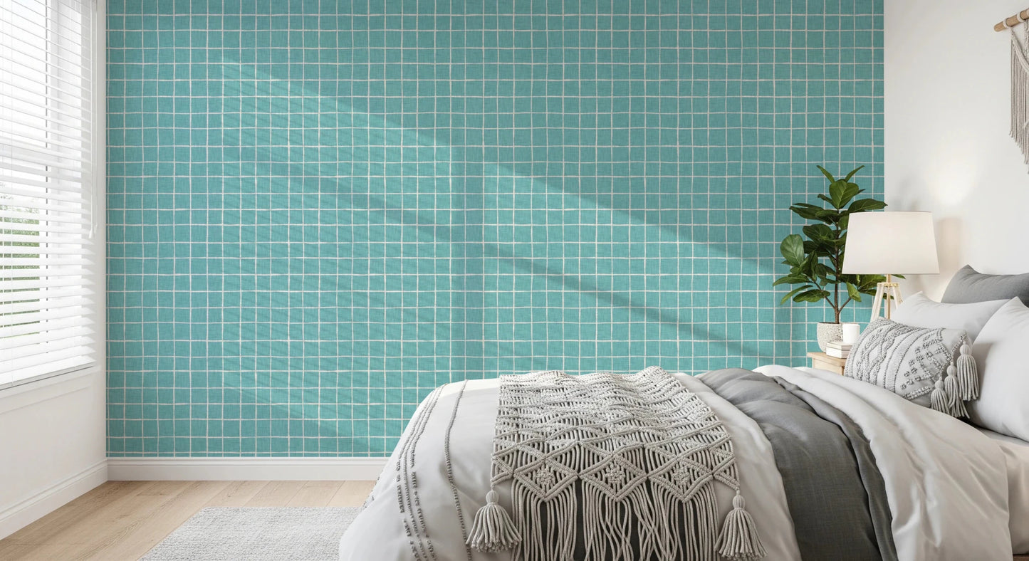 Teal Linen Grid Wallpaper⁠
