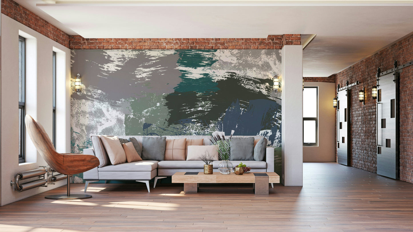 An artistic abstract stone mural on luxury wallpaper.

