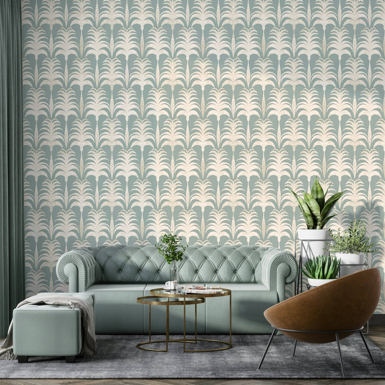 A peaceful tropical garden mural on decorative wallpaper.


