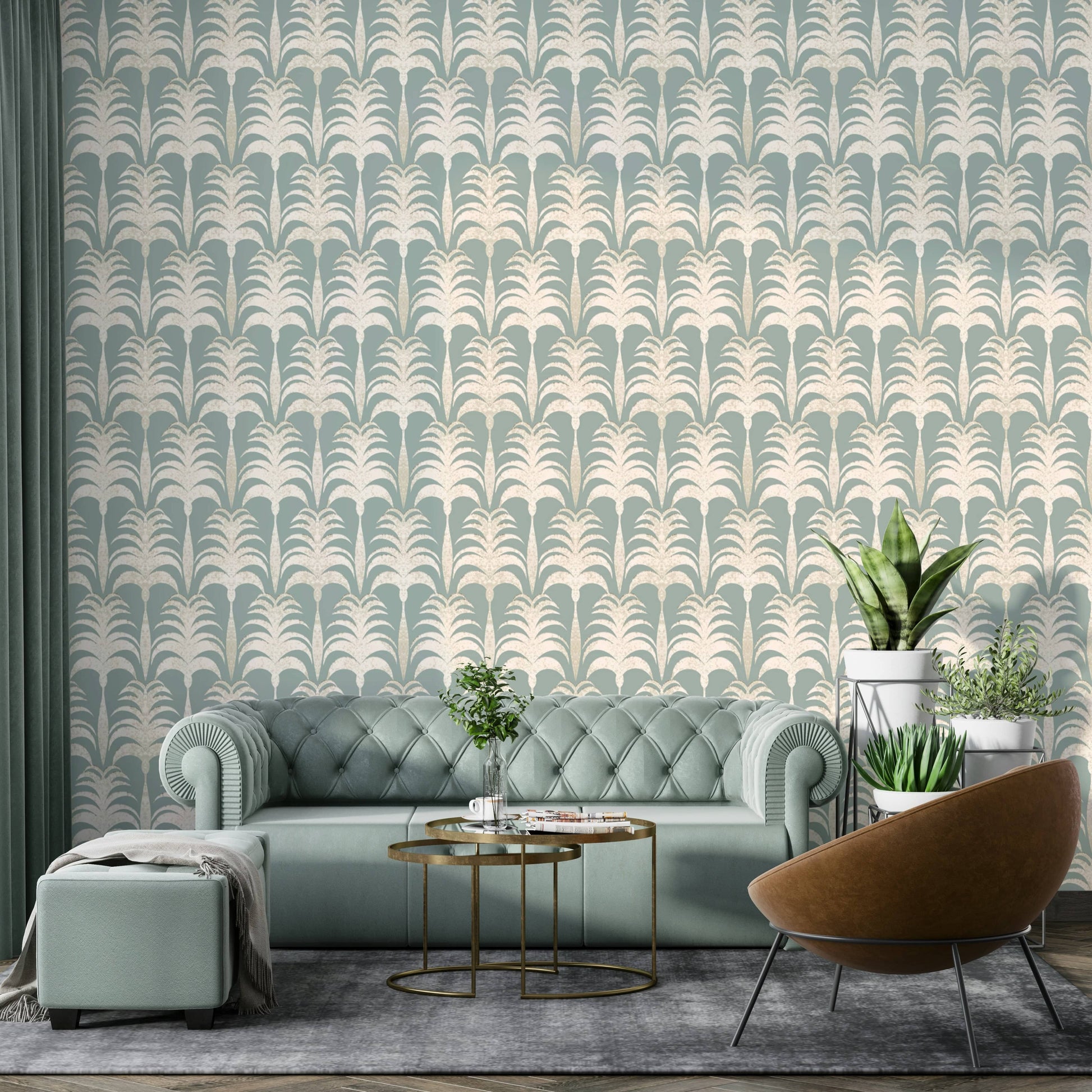 A peaceful tropical garden mural on decorative wallpaper.

