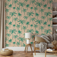 The image features various stylized tropical palm trees.
