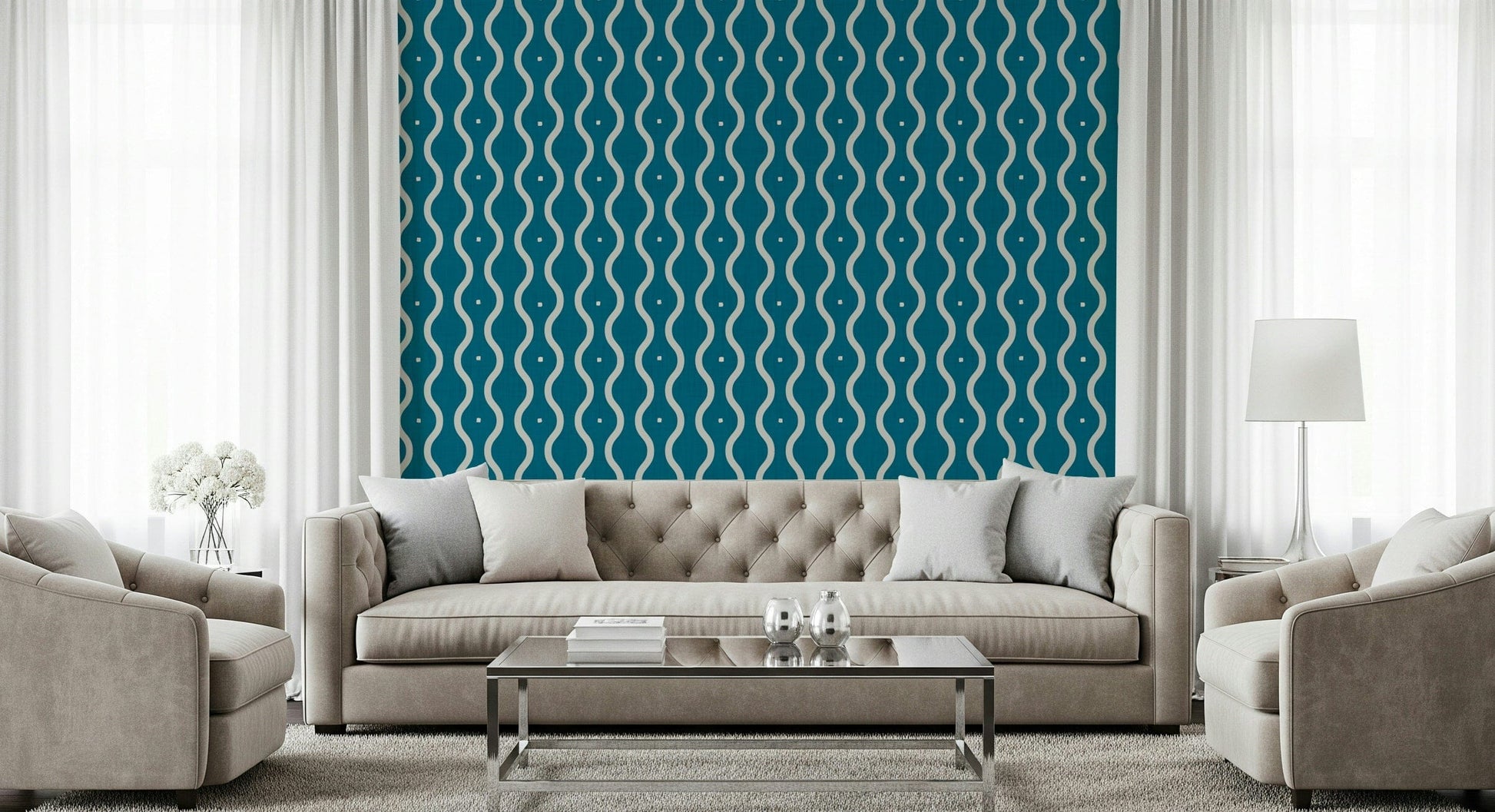 Unique Retro Waves Teal wallcovering curvy lines art.