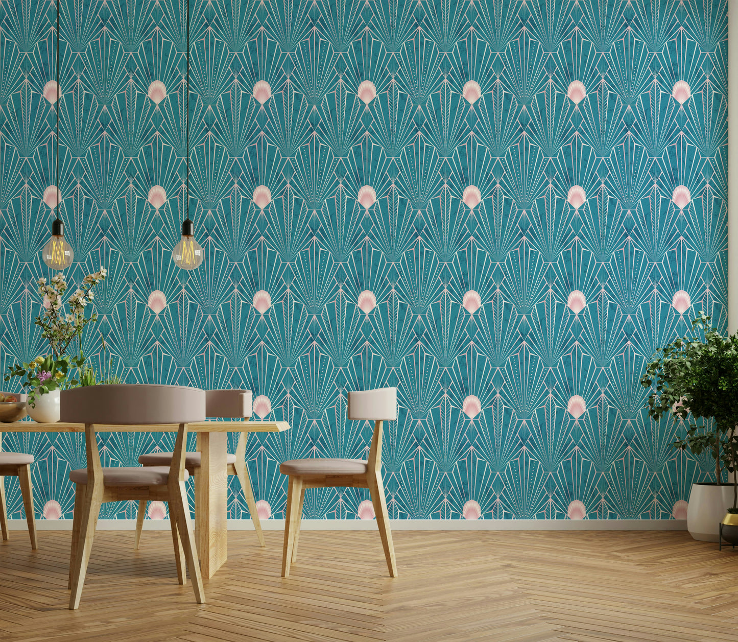 Teal and gold geometric wallpaper for modern glam spaces

