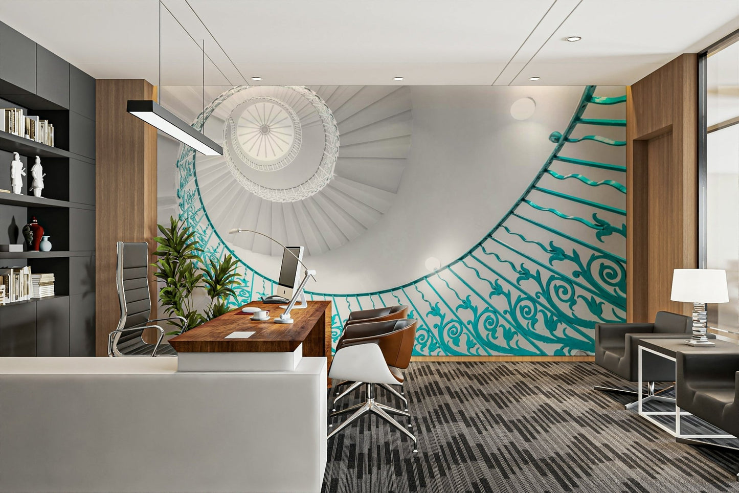 ornate teal railing on a white staircase

