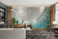 ornate teal railing on a white staircase

