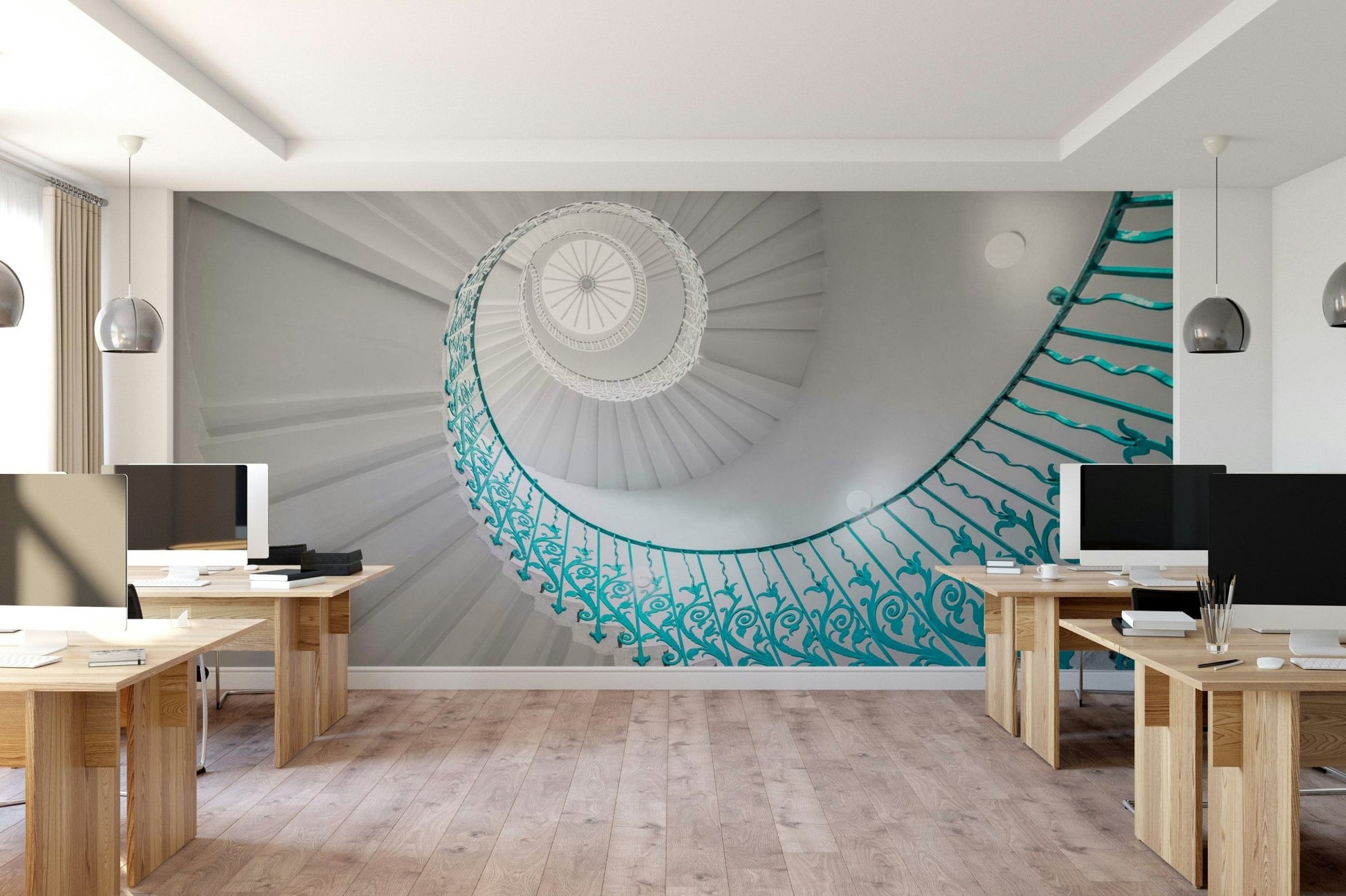 teal railing with intricate patterns

