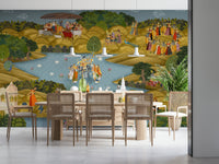 Nature theme Teal Tapovan mural with calm teal background tones