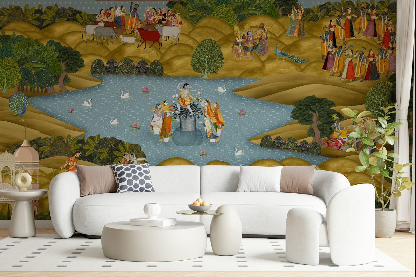 Teal Tapovan wall mural with forest-inspired elements and soft depth