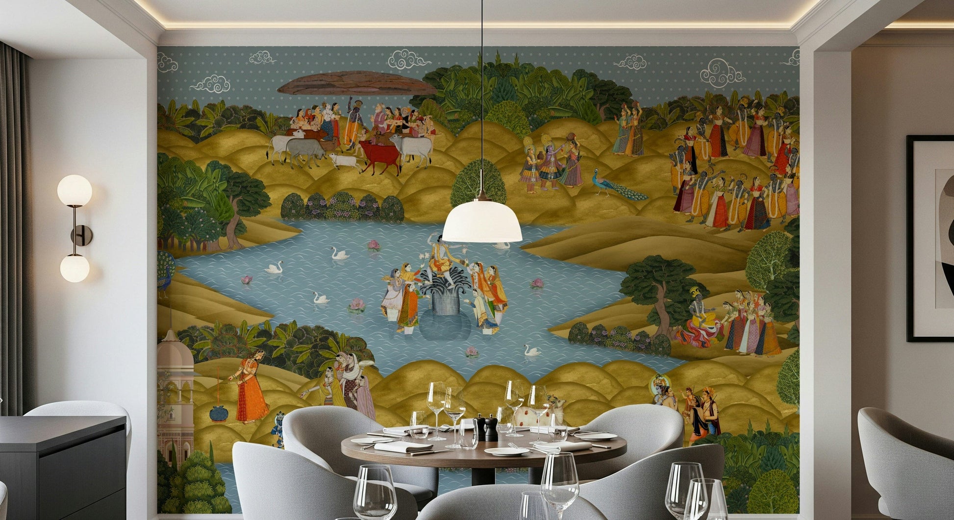 Teal Tapovan mural design showing leafy forms and layered detailing