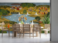 Nature theme Teal Tapovan mural with calm teal background tones