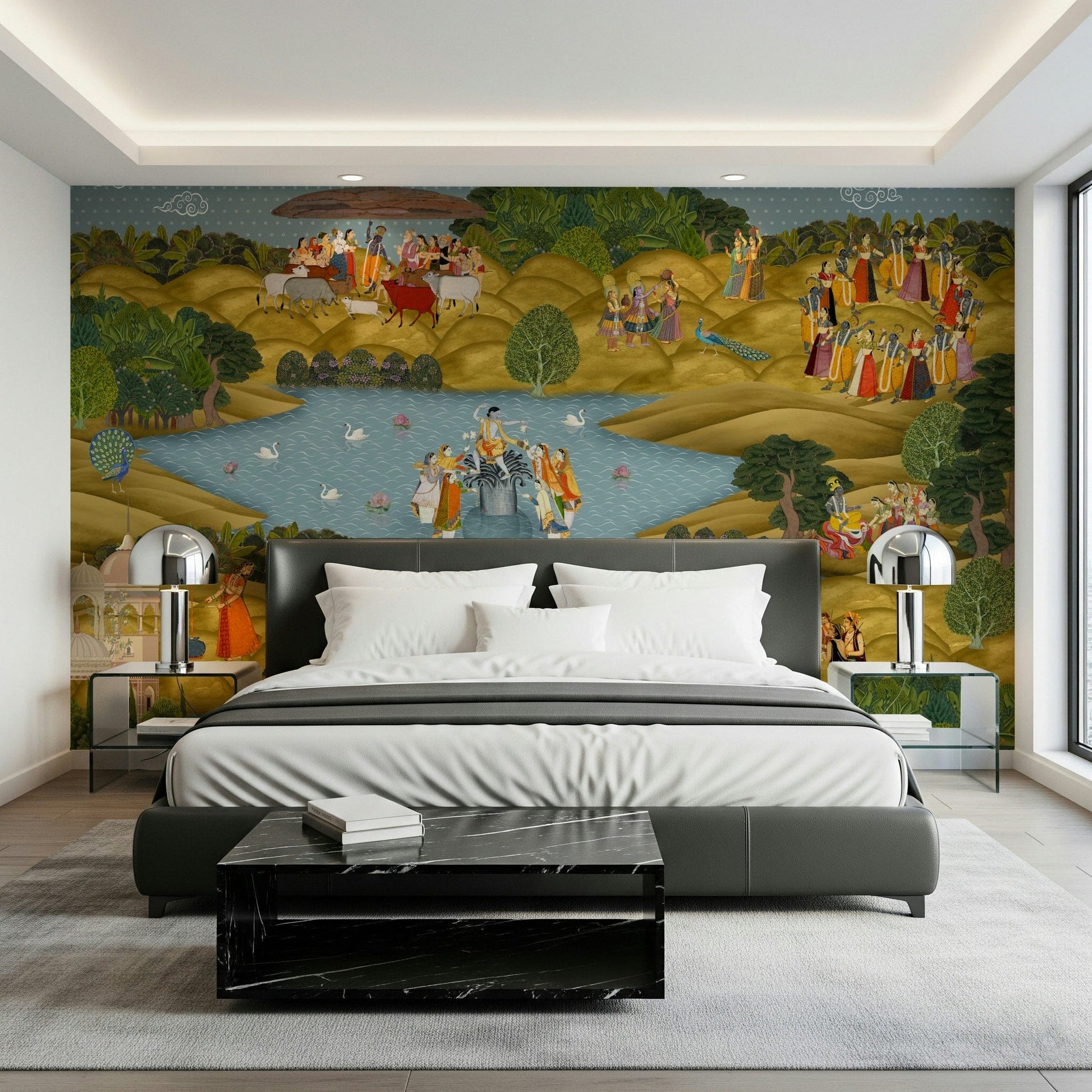 Teal Tapovan mural artwork in teal and muted green colour palette