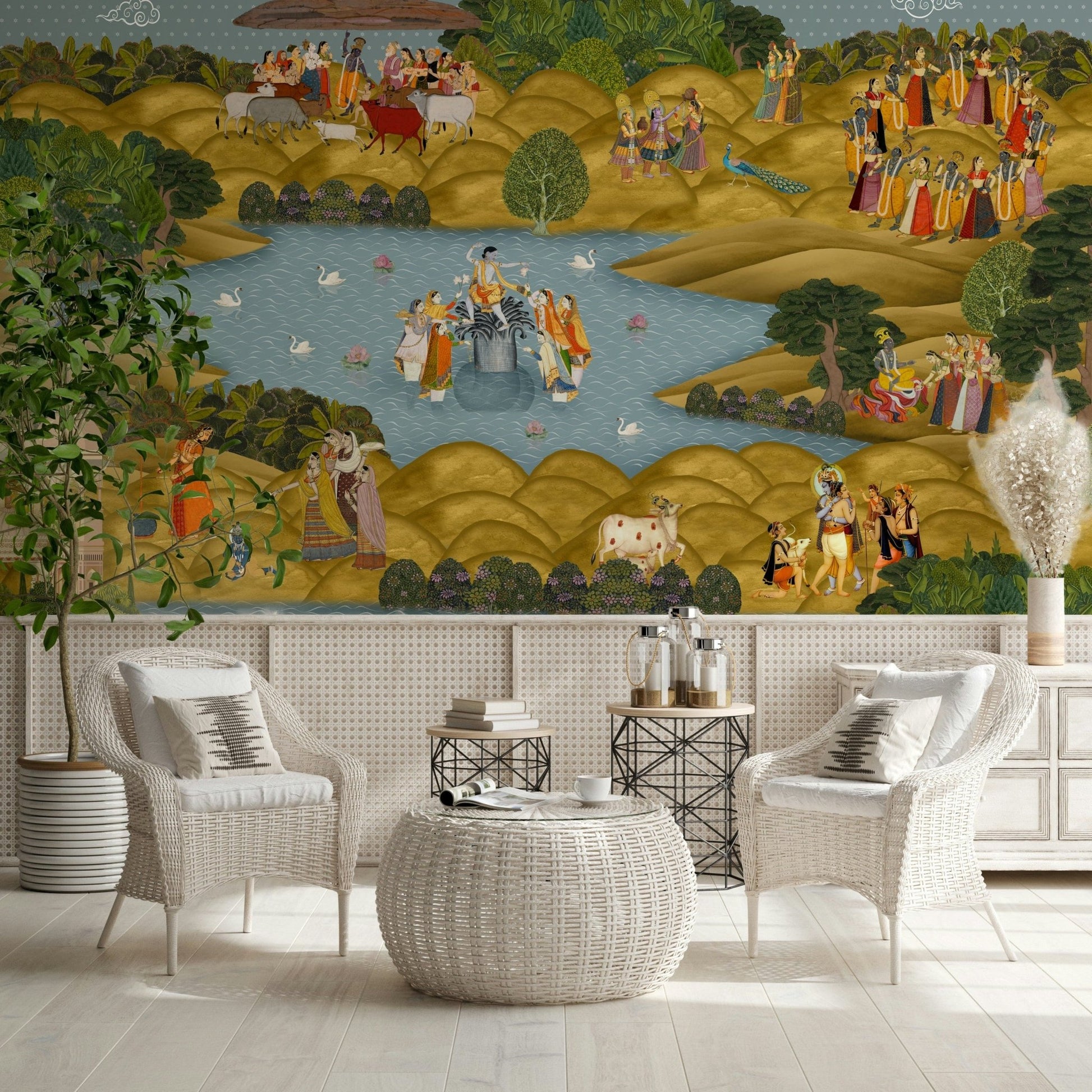Teal Tapovan mural installed behind a sofa on a feature wall