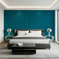 Artisan fabric squares wallpaper rich Teal shade print.