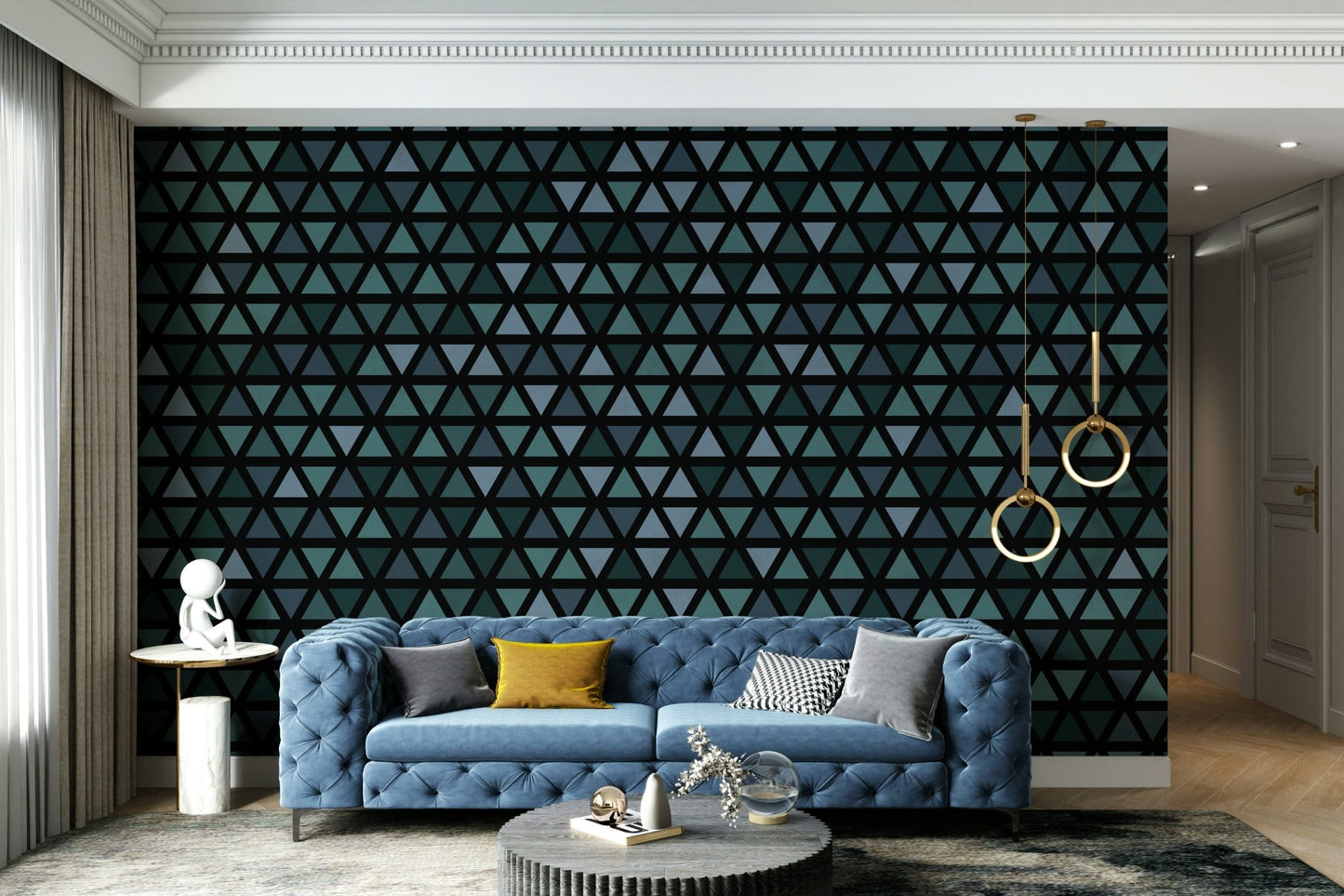 Teal Triangles Wall Mural with layered blue and aqua shapes.

