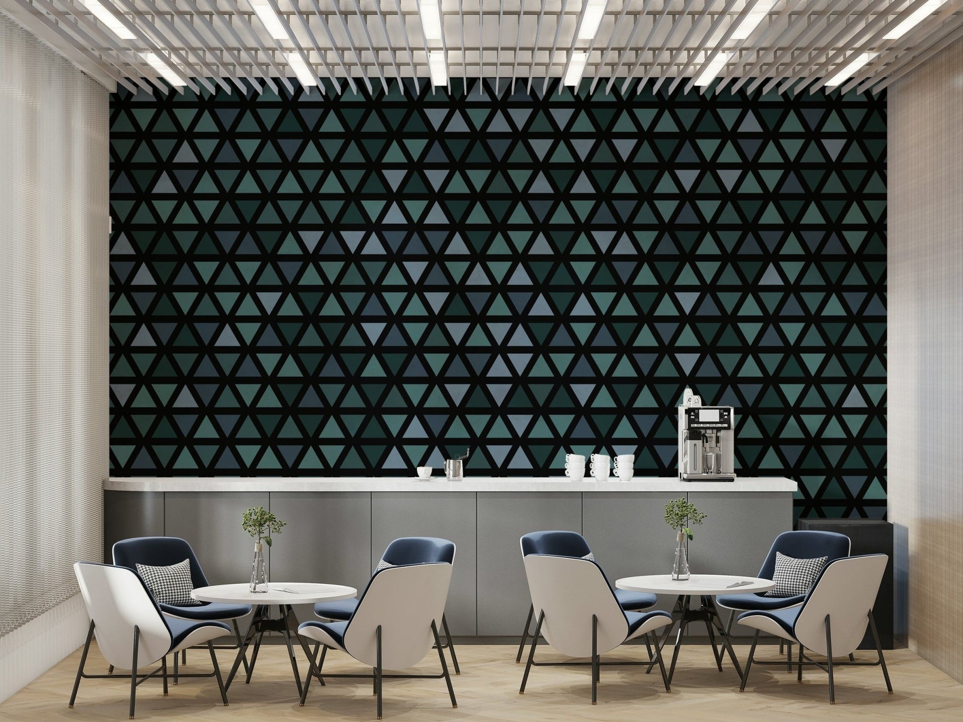 Crisp teal triangle shapes forming a stylish mural pattern.

